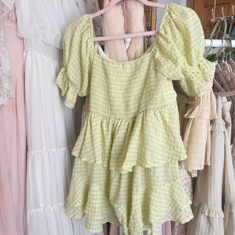 Light Green Gingham Ruffled Romper - image 3